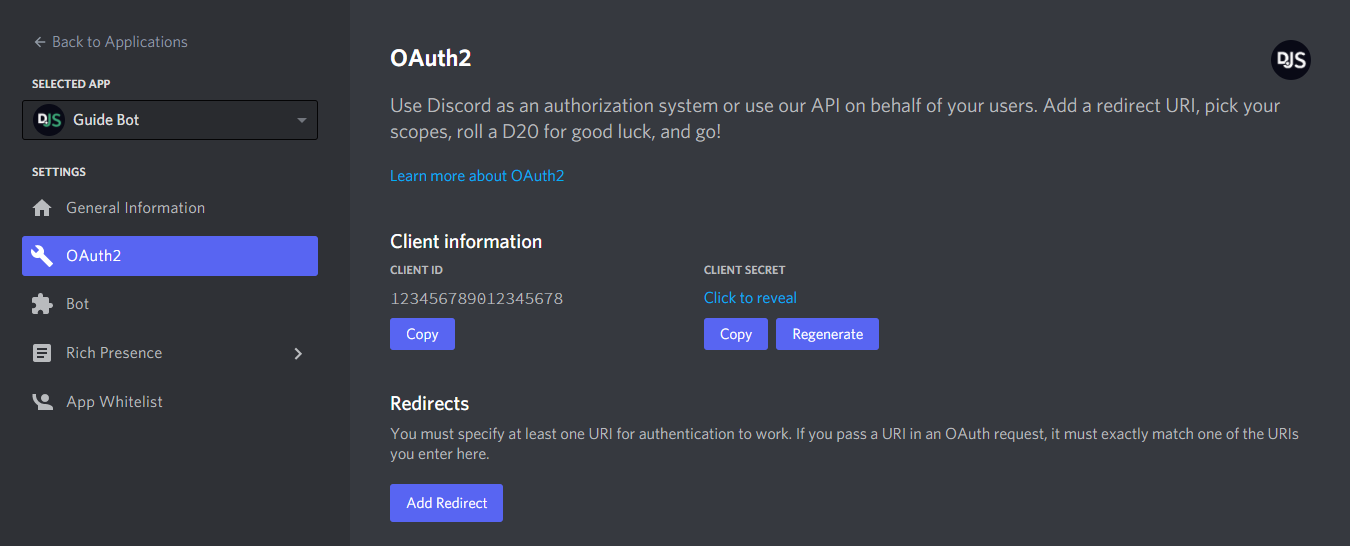 Página de la aplicación OAuth2